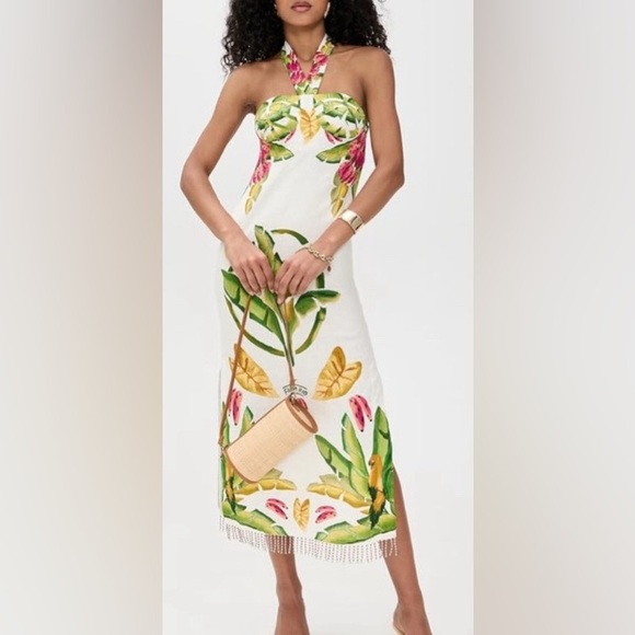 FARM Rio Summer Foliage Scarf Tie Midi Dress/Beaded Fringe Hem - Size M